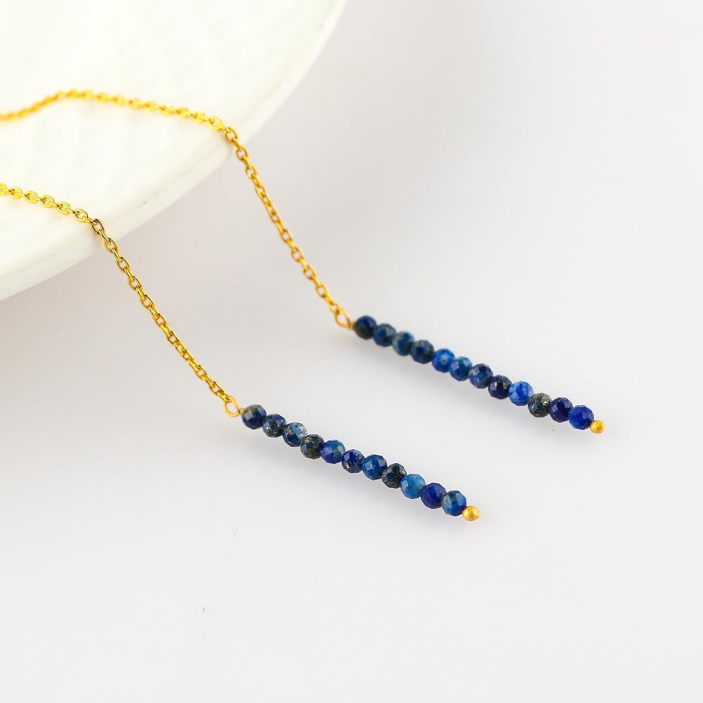 Natural Lapis Lazuli Earrings, Dainty Threader Pair, Gemstone Beads, Birthstone Crystal, Gift for Women, Chakra Energy Healing Jewelry in Gold Plated, Valentine Day Gift (Lapis Lazuli)