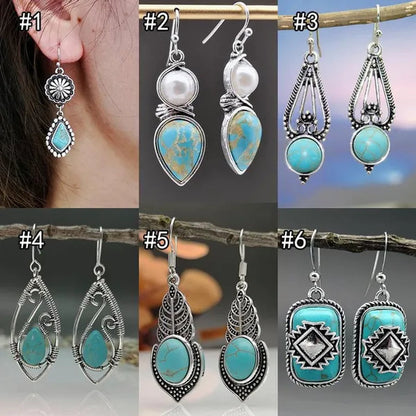 1Pair New Boho Ethnic Earrings for Women with Turquoise Gem Natural Stone Beads Earring Water Drop Hook Earring Vintage Jewelry - WORLD TIME VISITS
