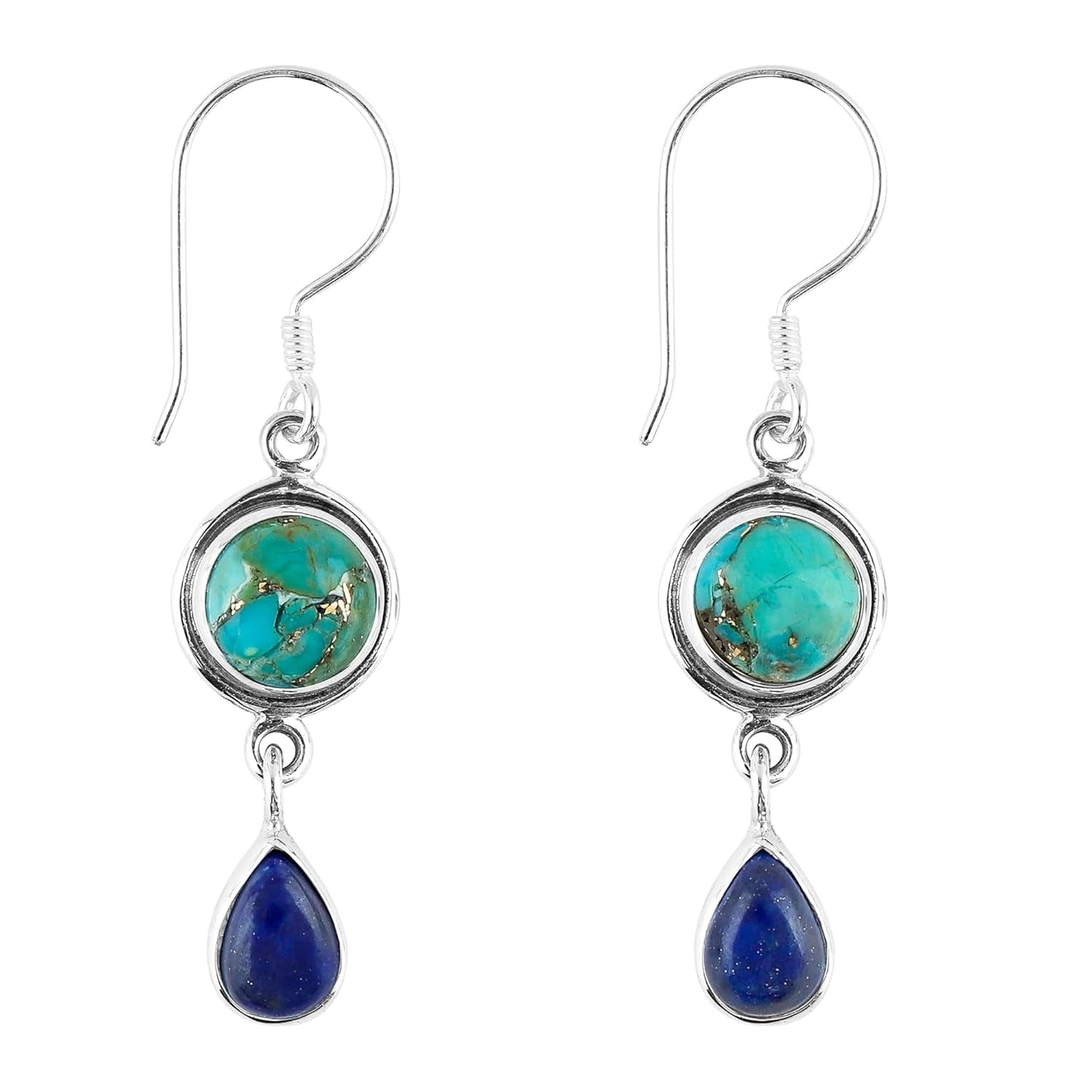 Turquoise & Lapis Lazuli Gemstone Earrings | 925 Sterling Silver Jewelry | Artiasn Crafted Handmade Jewelry | Stunning Drop Design | Healing Crystals | Perfact Gift for Women