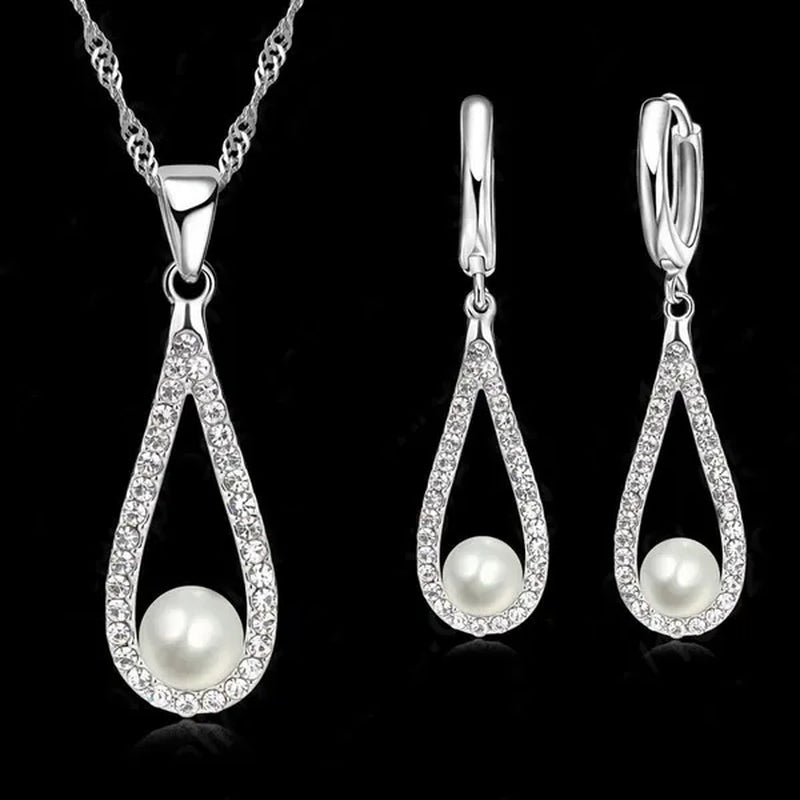Pure 925 Sterling Silver Shiny CZ Crystal Water Drop Pearl Necklaces for Woman Fine Jewelry Wedding Earring Set Gift