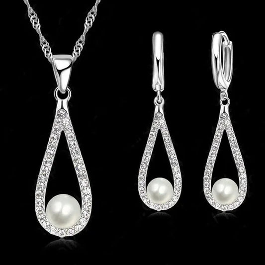 Pure 925 Sterling Silver Shiny CZ Crystal Water Drop Pearl Necklaces for Woman Fine Jewelry Wedding Earring Set Gift