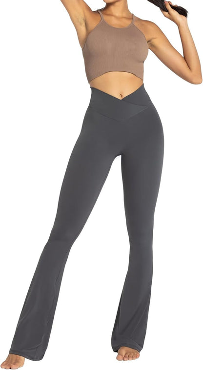 Womens Flare Leggings No Front Seam Flare Yoga Pants with Tummy Control Crossover High Waist and Wide Leg