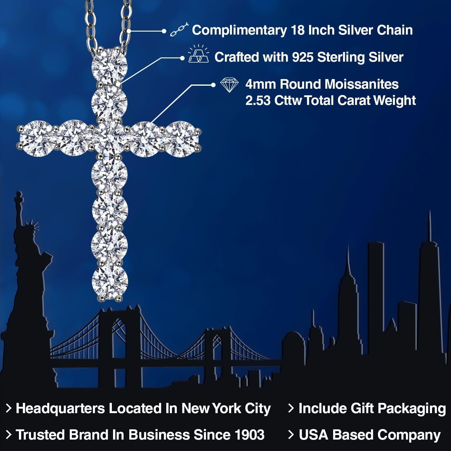 Moissanite Cross Necklace | 925 Sterling Silver | 2.53 Cttw | 1.20 Inch | Jesus Christian Religious Crucifix Jewelry Pendant Necklace for Women | with 18 Inch Silver Chain - WORLD TIME VISITS