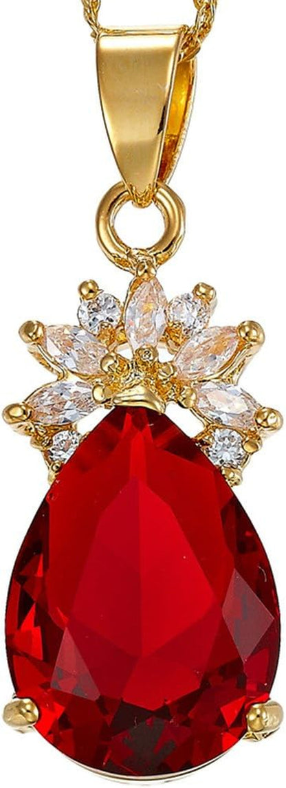 Pendant with 18" Chain & Pear Cut CZ [5 Colors Available] in Yellow Gold Plated, Simple Modern Elegant - WORLD TIME VISITS