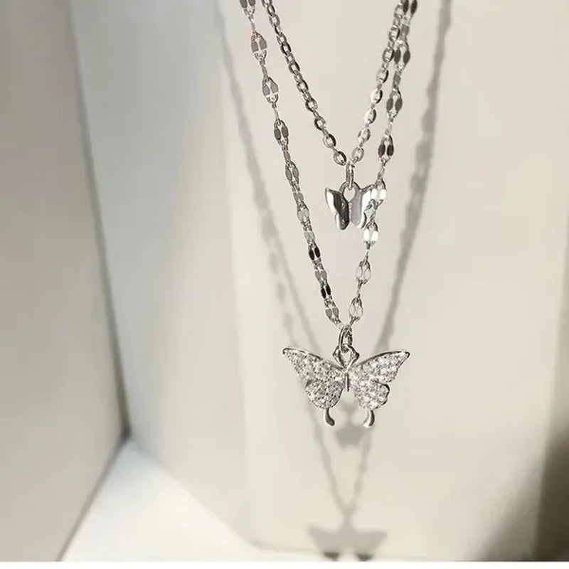 Delicate and Creative Women's Zircon Necklace Butterfly Necklace Double Layer Necklace Women's Geometric Necklace Butterfly Necklace Fashion Women's Jewelry Accessories Festival Wedding Engagement Valentine's Day Anniversary Gift Christmas Gift Jewelry