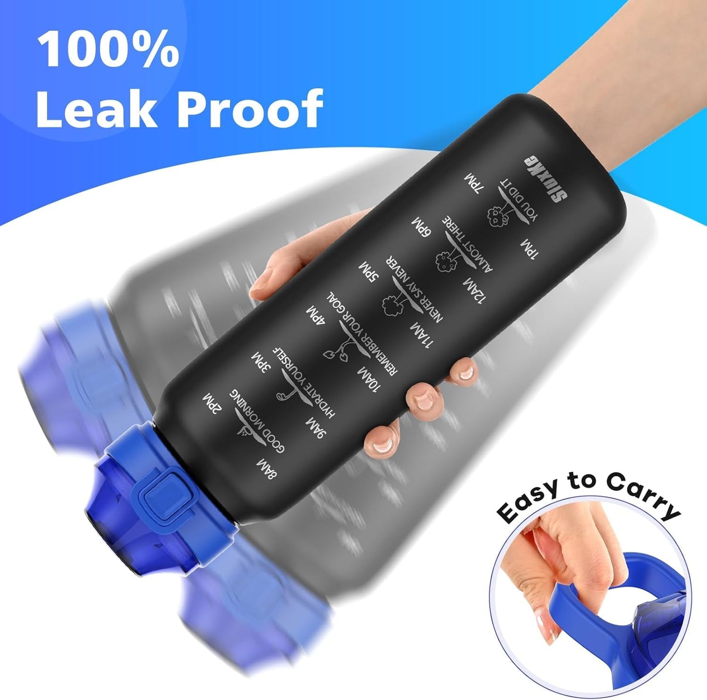 316 Stainless Steel Water Bottles 32Oz with Time Marker, 1000Ml Vacuum Insulated Bottle with Handle BPA Free, 1L Metal Water Flask Jug Great for Outdoor Working Camping BLACK