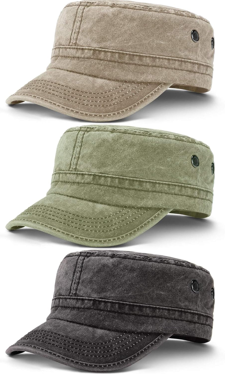 3 Pieces Cadet Army Cotton Caps Washed Military for Flat Top Caps Adjustable Military Style Hat Unisex