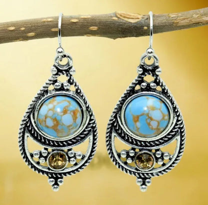 Antique 925 Sterling Silver Natural Turquoise Earrings Vintage Women Engagement Wedding Party Pendant Earrings