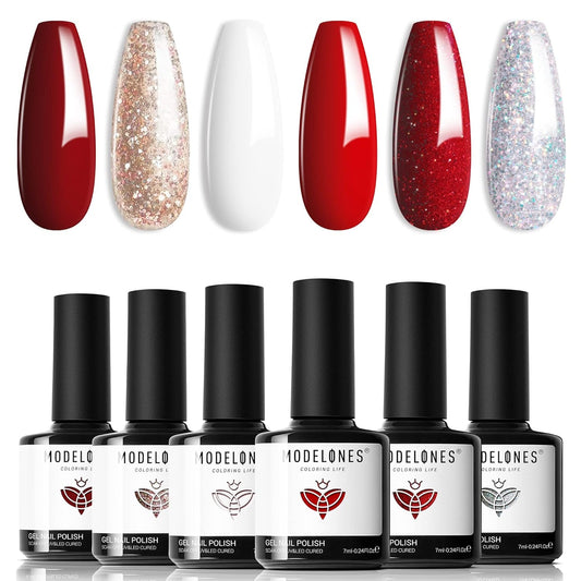 Red Gel Nail Polish Set 6 Colors, White Glitter Sparkle Bright Burgundy Dark Rose Champagne Silver Candy Cane Nail Gel Kit Soak off Nail Art Gel Design Mani Salon DIY Gift for Girls Women