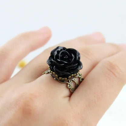 Vintage Jewelry Wholesale Hot Selling Promotion Bronze Alloy Gothic Black Rhinestone Rose Rings for Women