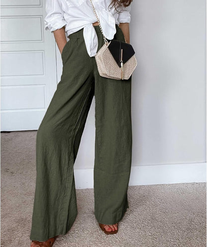 Womens Cotton Linen Palazzo Pants Drawstring Elastic Waist Casual Wide Leg Trousers with Pockets