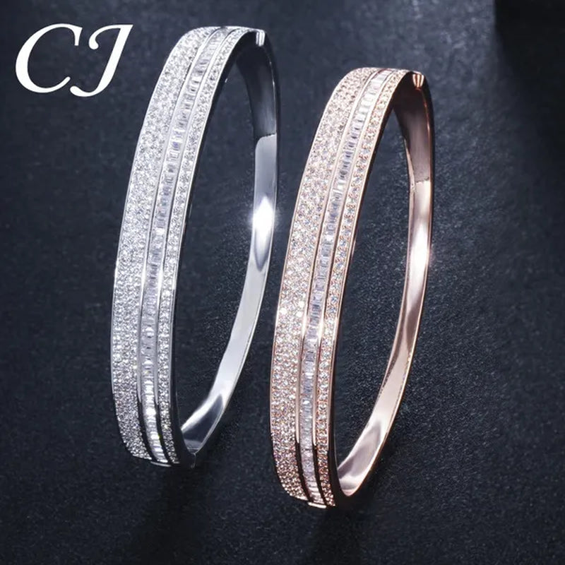 CANDICE New Fashion Simple Unisex Open Bangle Setting Sparkling CZ Stone Rose Gold & White Gold Plated Cuff Bracelet Jewelry For Women Men Couple Gift