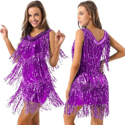 Womens V Neck Sleeveless Sparkling Sequin Tassels Ballroom Samba Tango Latin Dance Dress Stage Performance Costumes