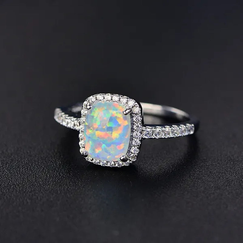 Cushion Cut Opal & CZ 925 Sterling Silver Engagement Wedding Ring for Women Girl Size 5-11
