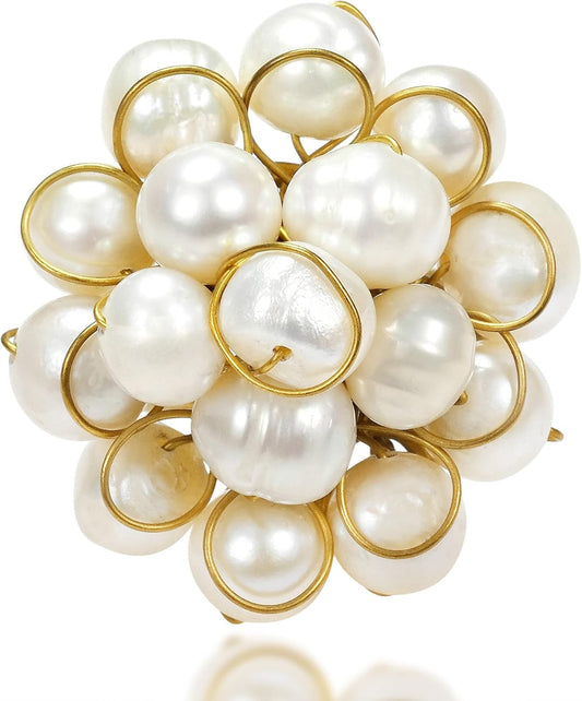 Unique round Front Cluster Cultured Freshwater Pearl Free Size Ring | Flower Shaped Vintage | Elegant Wedding Rings for Women | Large Ring Stone