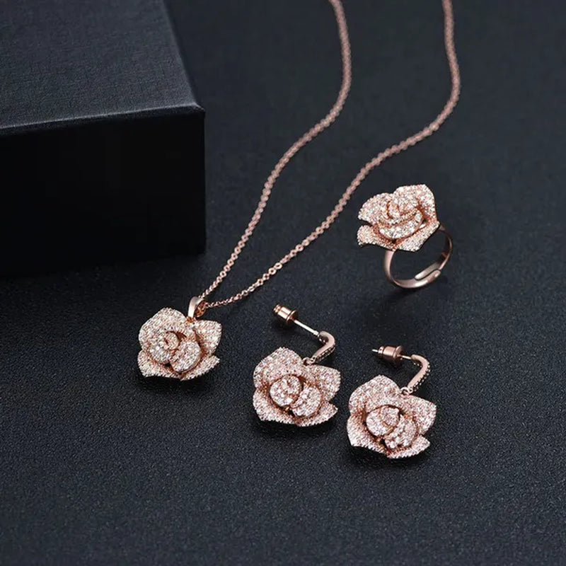 CANDICE Exquisite Banquet Party Jewelry Set for Women White Gold Plated Micro Inlaid AAA CZ Rose Flower Drop Necklace Silver Plated Earrings with Adjustable Ring