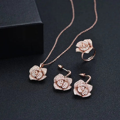 CANDICE Exquisite Banquet Party Jewelry Set for Women White Gold Plated Micro Inlaid AAA CZ Rose Flower Drop Necklace Silver Plated Earrings with Adjustable Ring