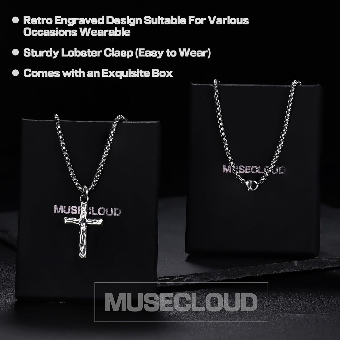 925 Sterling Silver Cross Crucifix Necklace Men - Sterling Silver Carved Jesus Cross Pendant with Stainless Steel Box Chain Catholic Necklaces Christian Jewelry for Mens Women 18-26 Inch