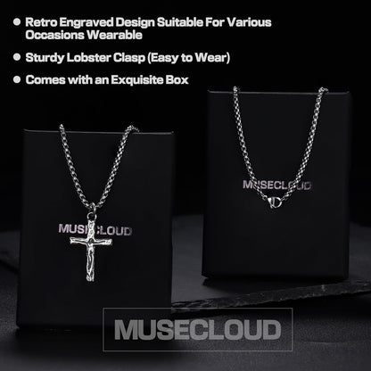 925 Sterling Silver Cross Crucifix Necklace Men - Sterling Silver Carved Jesus Cross Pendant with Stainless Steel Box Chain Catholic Necklaces Christian Jewelry for Mens Women 18-26 Inch