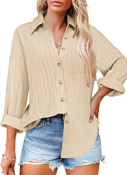 Womens Button down Shirts Long Sleeve Dress Shirt Textured Collared Work Blouse Dressy Casual Tops with Pocket