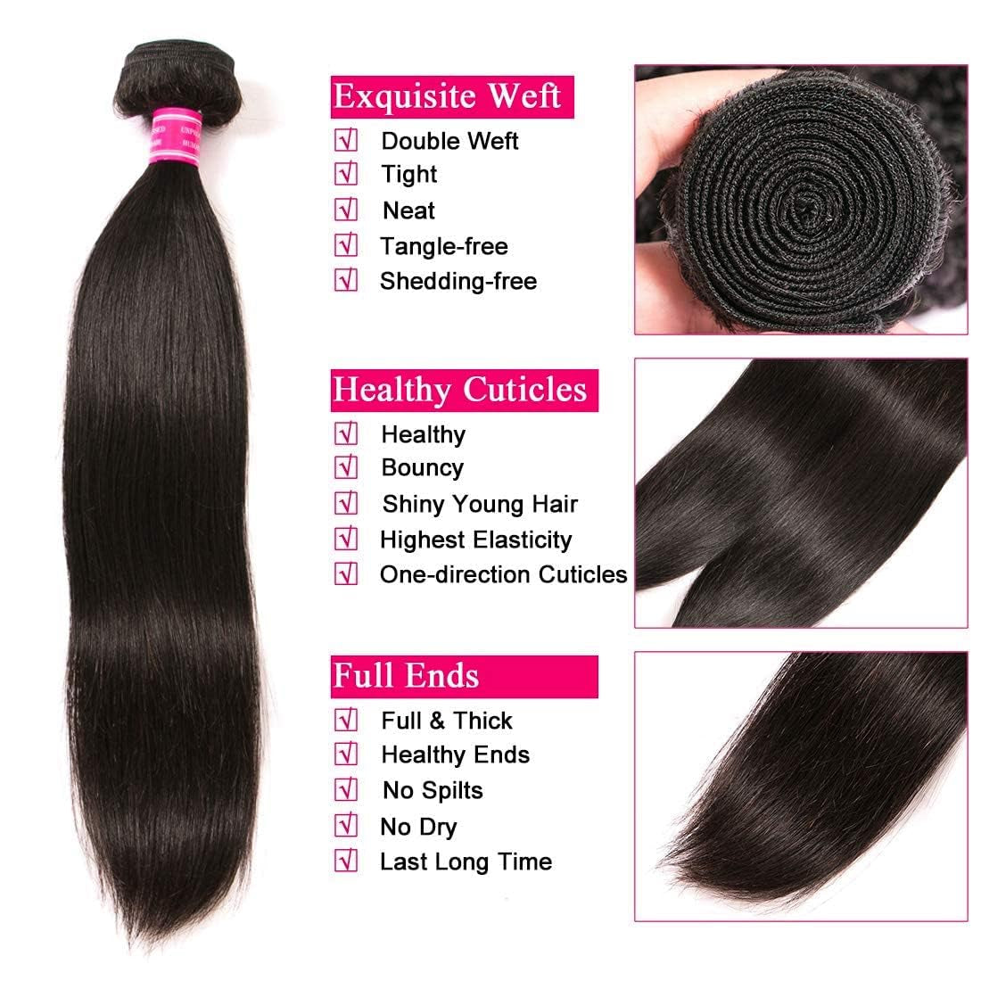 Brazilian Virgin Hair Straight 1 Bundle 100% Unprocessed Brazilian Straight Human Hair Weave Bundles Weaving Natural Black Color(18", 1Bundle)