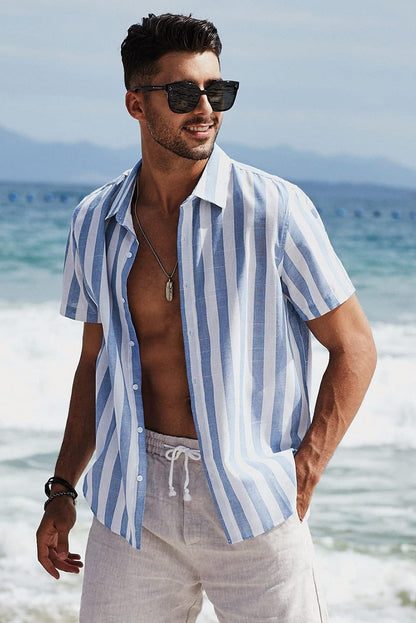 Men'S Casual Stylish Short Sleeve Button-Up Striped Dress Shirts Cotton Beach Shirt