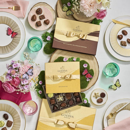 Chocolate Gift Box for Birthday, Thank You, Anniversary, Gift Basket Gold Ribbon Gourmet Nuts Dark and Milk Chocolate Candy Assortment with Praline and Caramel, 18Pc