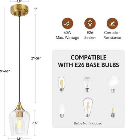 Pendant Light Kitchen Island, Brushed Gold Pendant Light Fixture with E26 Base & Adjustable Cable, Modern Pendant Lighting with Glass Shade for Living Room Bedroom Hallway