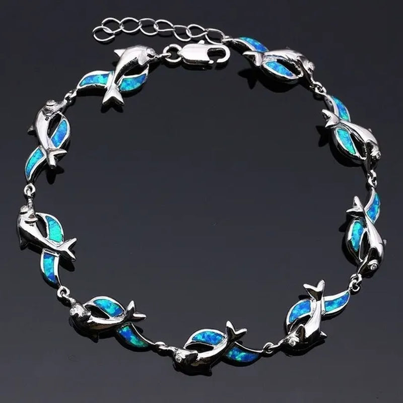 Womens Jewelry 925 Sterling Silver Dolphin Style Blue/red  Fire Opal Diamond Charm Chain Bracelet