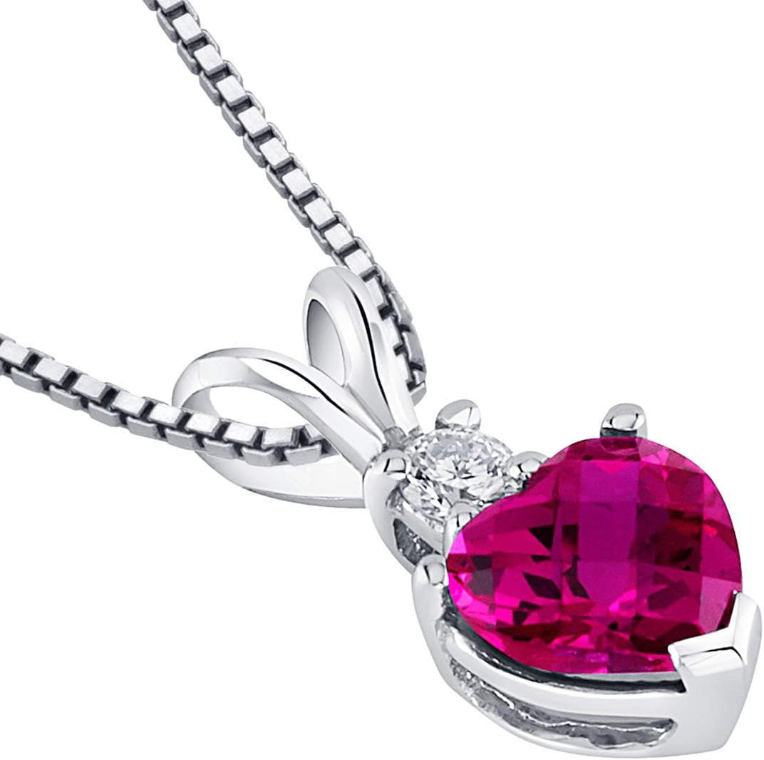 Solid 14K White Gold Created Ruby with Genuine Diamond Pendant for Women, Heart Shape, 1.17 Carats Total, Sparkling V-Day Gift Valentines Gift for Women, Women Gift Ideas W/Jewelry Box
