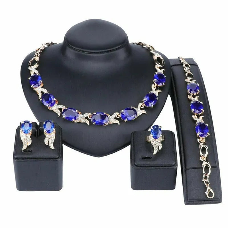 Women Gold Plated Crystal Zircon Ruby Pendant Wedding Party Necklace Bracelet Ring Earring Jewelry Sets