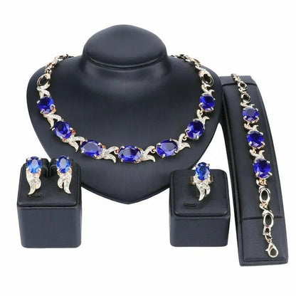 Women Gold Plated Crystal Zircon Ruby Pendant Wedding Party Necklace Bracelet Ring Earring Jewelry Sets