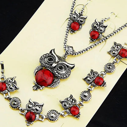 2015 New Charms Owl Natural Black Stone Antique Silver P Earrings Necklace Bracelet Vintage Womens Jewelry Set 1093