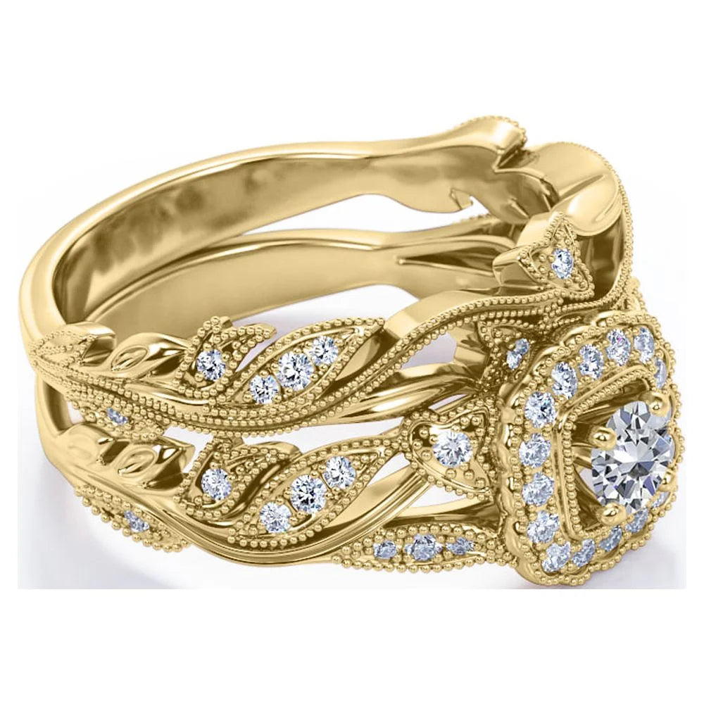 round Diamond - Edwardian Diamond Filigree Ring - Art Deco Style - Wedding Ring Set in 10K Yellow Gold