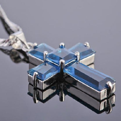Cross Pendant with 18" Chain & Trapezoid Square Cut CZ [7 Colors Available] in White Gold Plated, Simple Modern Elegant