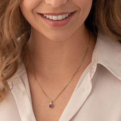 14K Yellow Gold Amethyst with Diamond Pendant for Women, Genuine Gemstone, Heart Shape Solitaire, 6Mm, 0.75 Carat Total, Real Amethyst Necklace, February Birthstone Necklace, W/Jewelry Box