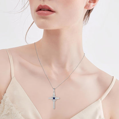 Heart Cross Necklace for Women 925 Sterling Silver Infinity Cross Pendant Birthstone Necklace Religious Jewelry Gift for Women Her Mom Wife Girlfriend Daughter