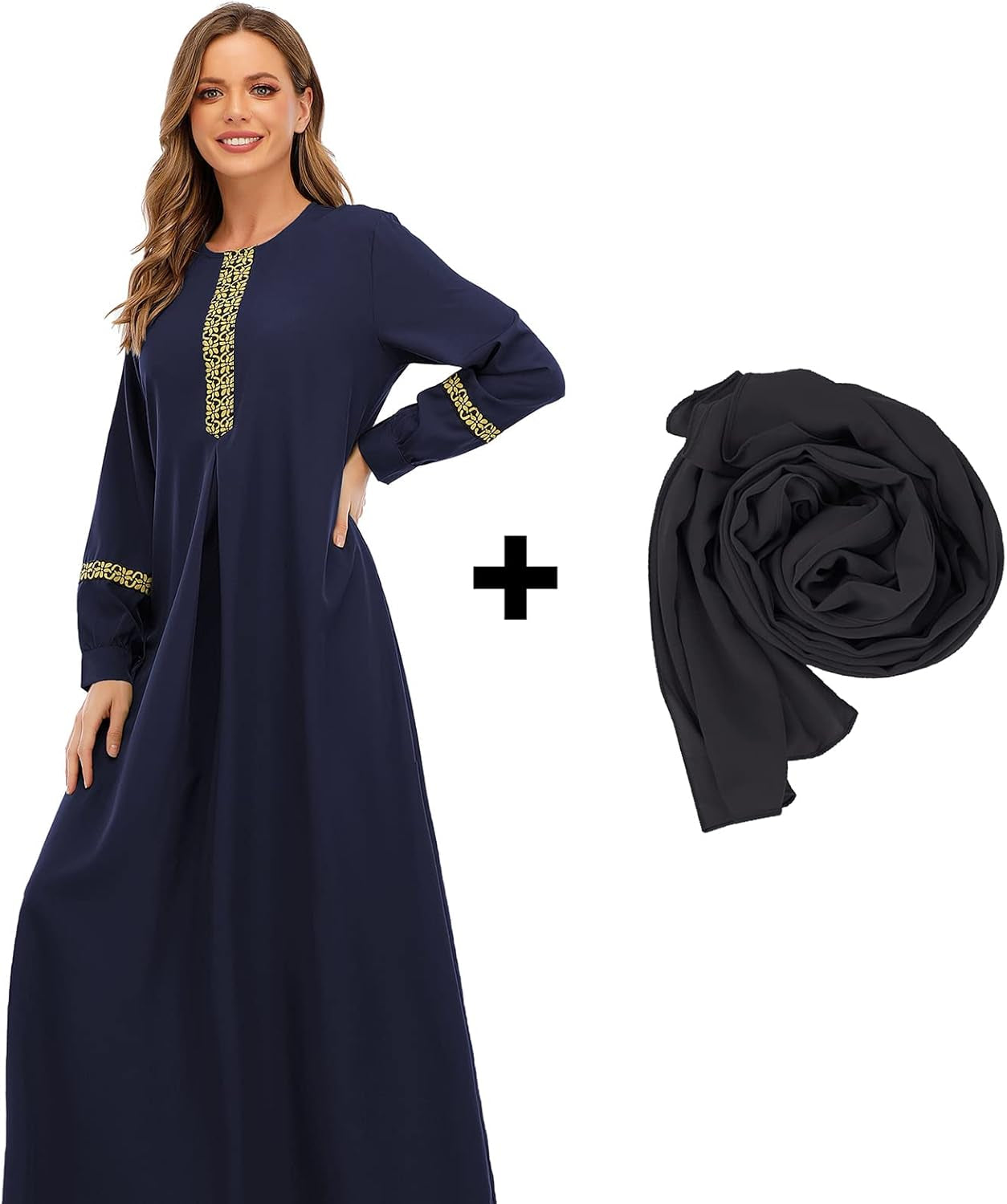 Womens Long Sleeve Ethnic Style Zipper Muslim Dresses Abaya with Hijabs - WORLD TIME VISITS