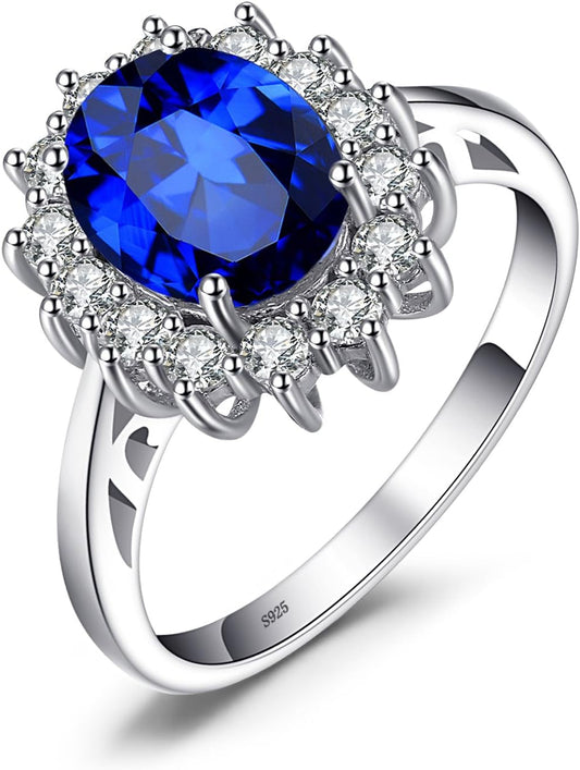 Princess Diana Kate Middleton Class Gemstone Birthstone Sapphire Halo Engagement Rings for Women, Anniversary 14K White Yellow Rose Gold Plated 925 Sterling Silver Promise Rings for Her - WORLD TIME VISITS