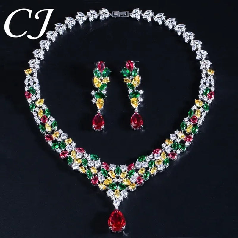 CANDICE Noble Red Crystal Water Drop Pendant Necklace and Dangle Earrings Pave Multi Shape Colorful CZ Stone Women Wedding Party Dress Jewelry Set - WORLD TIME VISITS