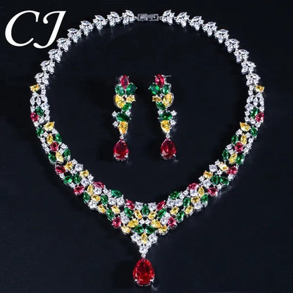 CANDICE Noble Red Crystal Water Drop Pendant Necklace and Dangle Earrings Pave Multi Shape Colorful CZ Stone Women Wedding Party Dress Jewelry Set - WORLD TIME VISITS