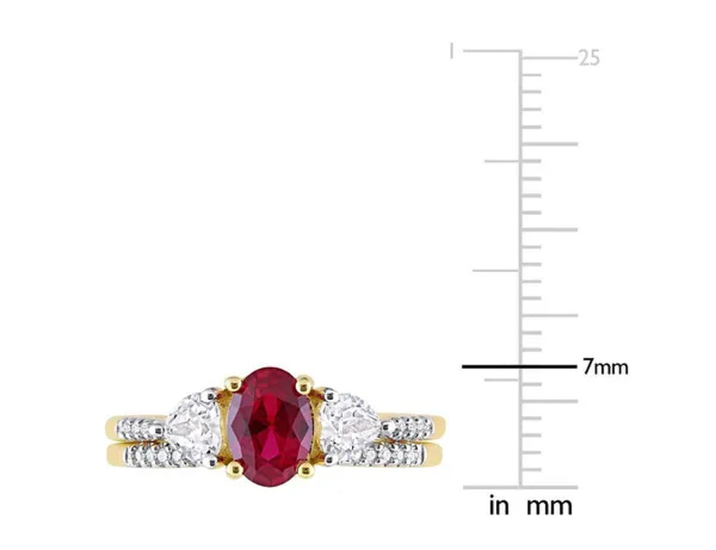 1.90 Carat (Ctw) Lab-Created Ruby and White Sapphire Bridal Engagement Wedding Ring Set 10K Yellow Gold