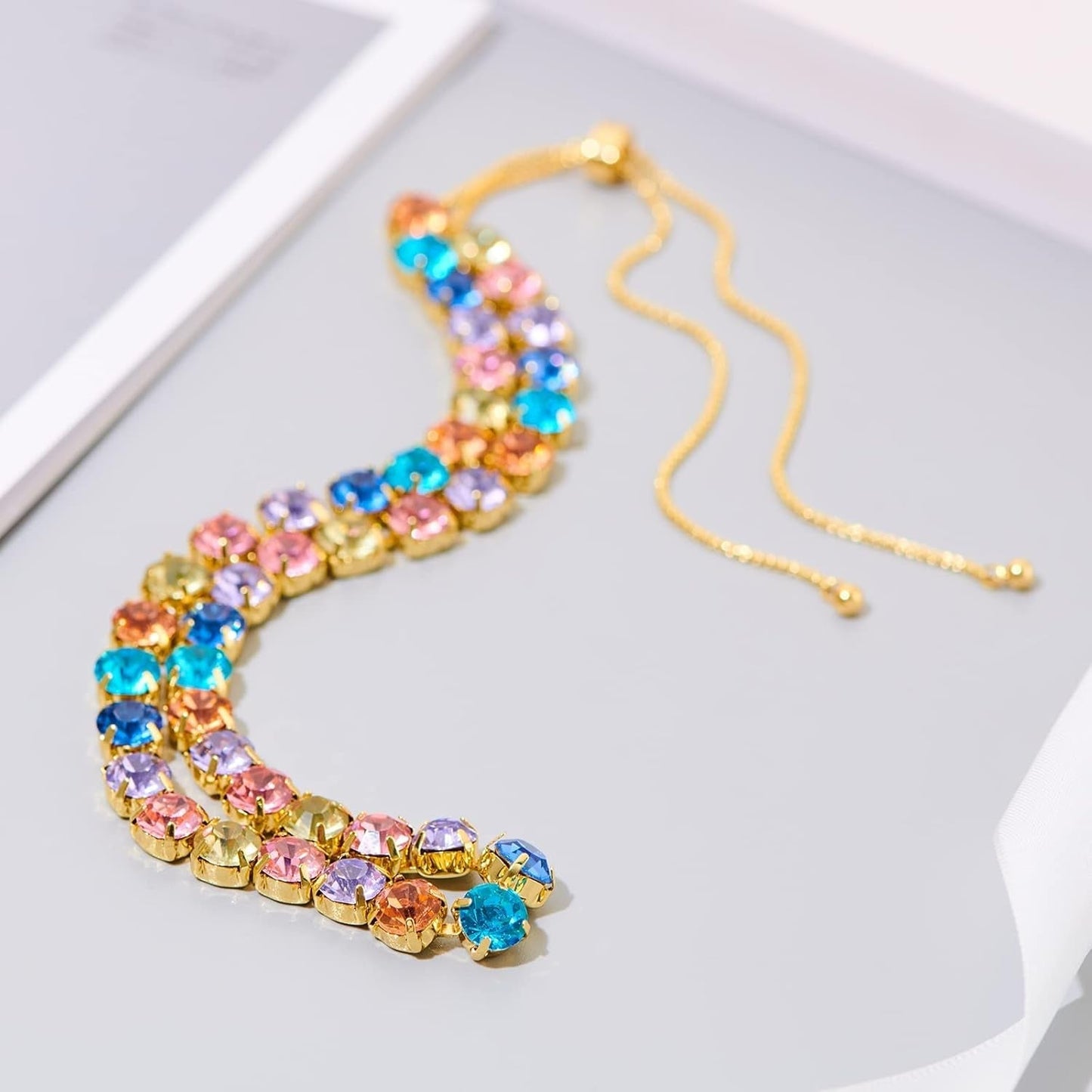 Slider Gold Necklace for Women Adjustable Length Necklace Set with Cubic Zirconia Rhinestone Crystal Long Pendant Choker Necklace