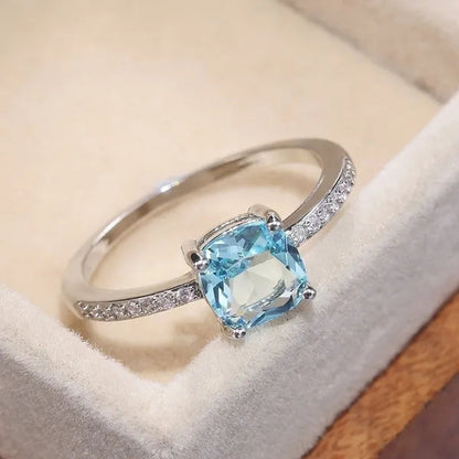 1Pcs Simple Style Micro-inlaid Zircon Sapphire Color Treasure Square Diamond Ring For Women Jewelry Gift