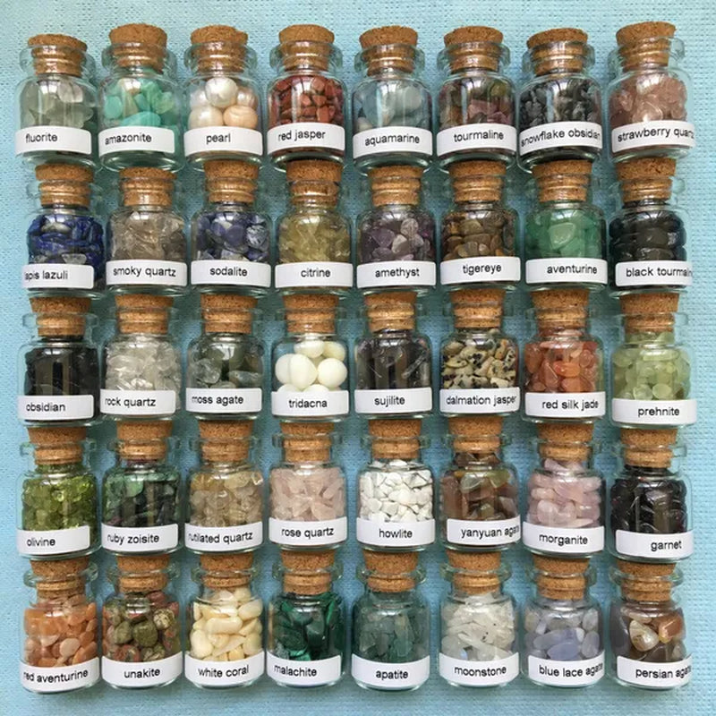 40 Mini Gemstone Bottles Chip Crystal Healing Tumbled Gem Reiki Wicca Stones Set