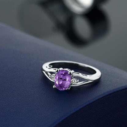 925 Sterling Silver Gemstone Birthstone and Diamond 3 Stone Engagement Ring for Women | Oval 8X6MM | round 2MM | Wedding Engagement Anniversary Promise Ring | Sizes 5-9