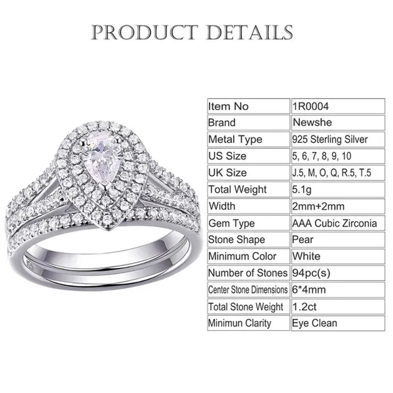 Newshe 2Pcs Wedding Ring Set Classic Jewelry Pear Shape 1.2 Carats AAAAA CZ 925 Sterling Silver Teardrop Engagement Rings for Women Size 5-12