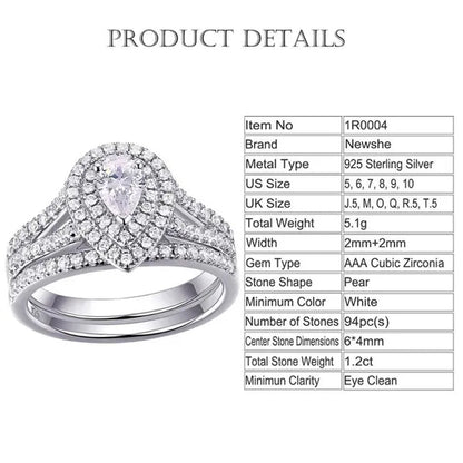 Newshe 2Pcs Wedding Ring Set Classic Jewelry Pear Shape 1.2 Carats AAAAA CZ 925 Sterling Silver Teardrop Engagement Rings for Women Size 5-12