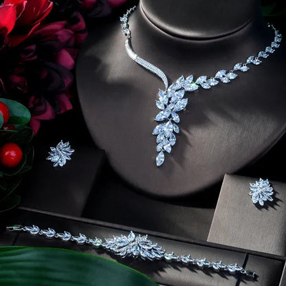 Gloriya Dazzling AAA CZ Bridal Jewelry Set for Classy Bride White Gold Plated Engagement Party Big Leaf Drop Dangle Necklace Earrings Bracelet