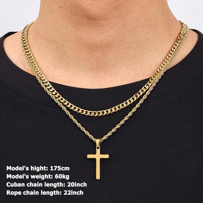 Valentines Gifts for Him - 2 Pcs Cross Necklace Chain for Men and Women, Layered Mens Cross Necklaces Stainless Steel Pendant Cuban Link Rope Chain 16-26 Inch, Jewelry Gift